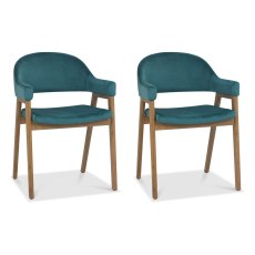 Pair of Regent Rustic Oak Dining Armchairs (Azure Velvet) by Bentley Designs