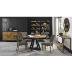 Indus Rustic Oak 4 Seater Circular Table & 4 Indus Upholstered Chairs Set by Bentley Designs