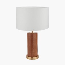 Tan Leather and Brass Cylindrical Table Lamp