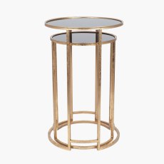 Antique Gold Metal and Black Glass Side Tables