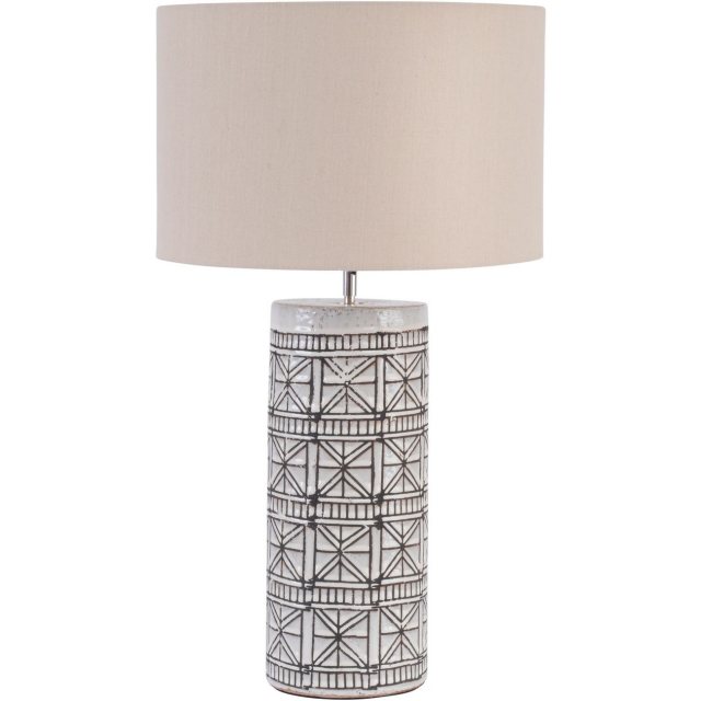 Brown Porcelain Table Lamp - Geo Pattern & Natural Shade (Large) by Libra