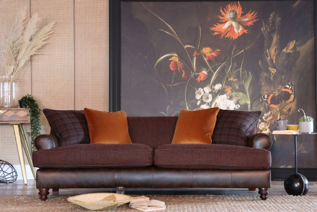 Nevis Grand Sofa (Hide with Harris Tweed Seat & Back Cushions) by Tetrad Harris Tweed