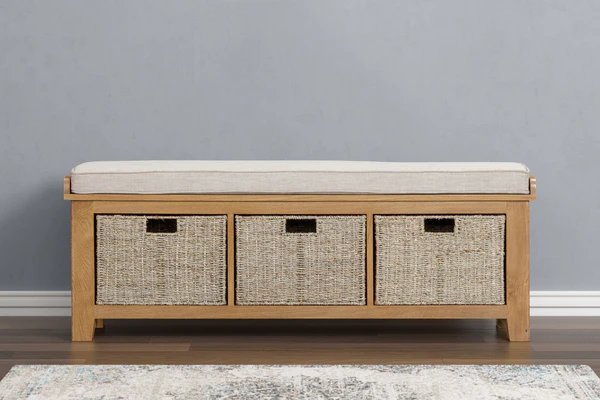 Queensbury Oak Hall Bench with Baskets Queensbury Oak Hall Bench with Baskets