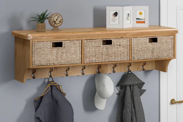 Queensbury Oak Wall Shelf with Hooks & Baskets Queensbury Oak Wall Shelf with Hooks & Baskets