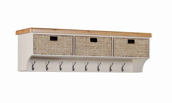 Queensbury Painted Wall Shelf with Hooks & Baskets Queensbury Painted Wall Shelf with Hooks & Baskets