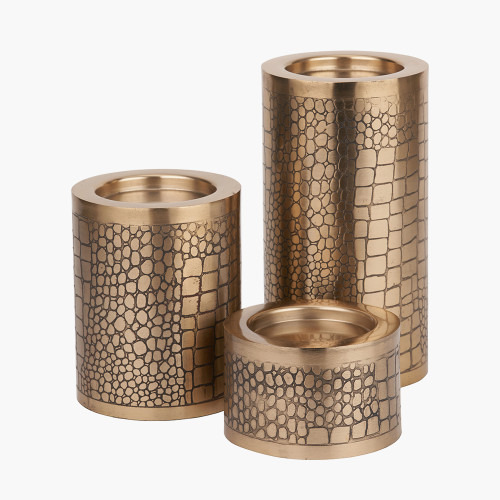 Set of 3 Brass Croc Print Metal Pillar Candle Holders Set of 3 Brass Croc Print Metal Pillar Candle Holders