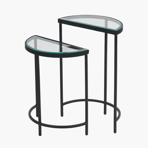 Marazzi S/2 Bevelled Glass & Black Metal Half Moon Side Tables Marazzi S/2 Bevelled Glass & Black Metal Half Moon Side Tables