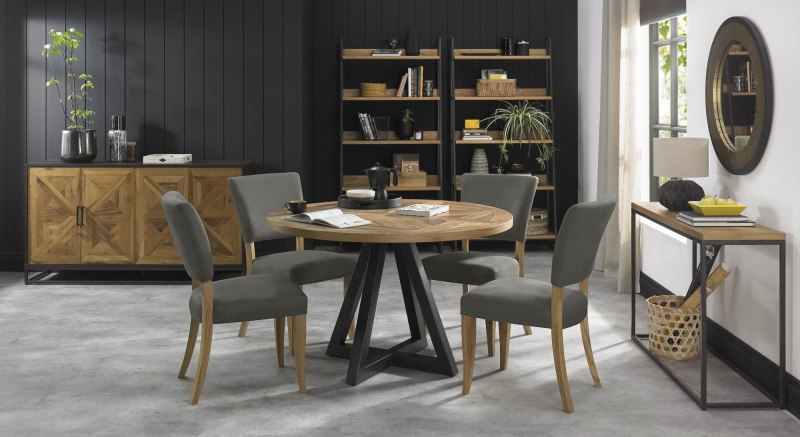 Indus Rustic Oak 4 Seater Circular Table & 4 Indus Upholstered Chairs Set by Bentley Designs Indus Rustic Oak 4 Seater Circular Table & 4 Indus Upholstered Chairs Set by Bentley Designs