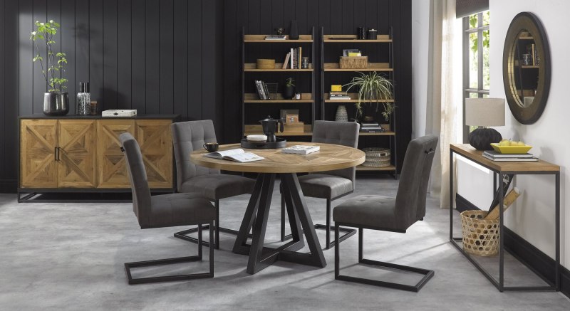 Indus Rustic Oak 4 Seater Circular Table & 4 Indus Cantilever Chairs Set by Bentley Designs Indus Rustic Oak 4 Seater Circular Table & 4 Indus Cantilever Chairs Set by Bentley Designs