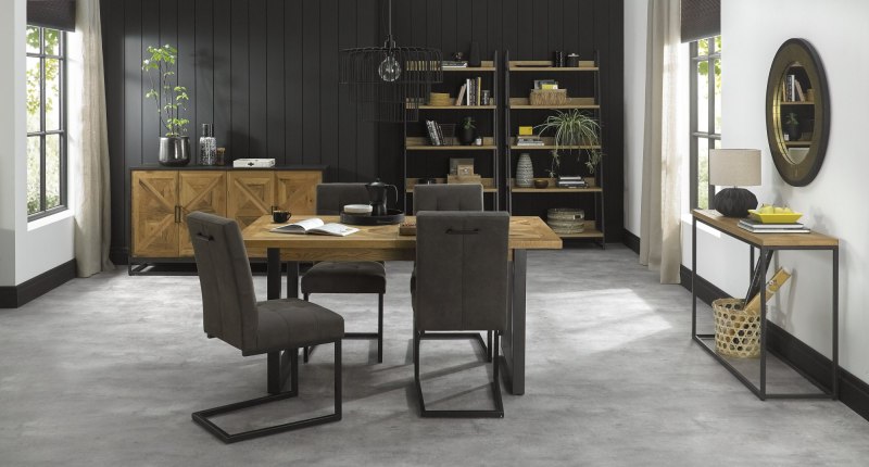 Indus Rustic Oak 4-6 Seater Table & 4 Indus Cantilever Chairs Set by Bentley Designs Indus Rustic Oak 4-6 Seater Table & 4 Indus Cantilever Chairs Set by Bentley Designs