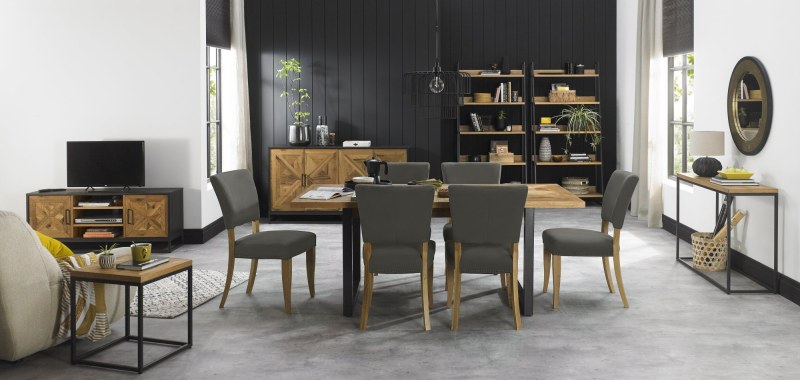Indus Rustic Oak 6-8 Seater Table & 6 Indus Rustic Oak Upholstered Chairs Set by Bentley Designs Indus Rustic Oak 6-8 Seater Table & 6 Indus Rustic Oak Upholstered Chairs Set by Bentley Designs