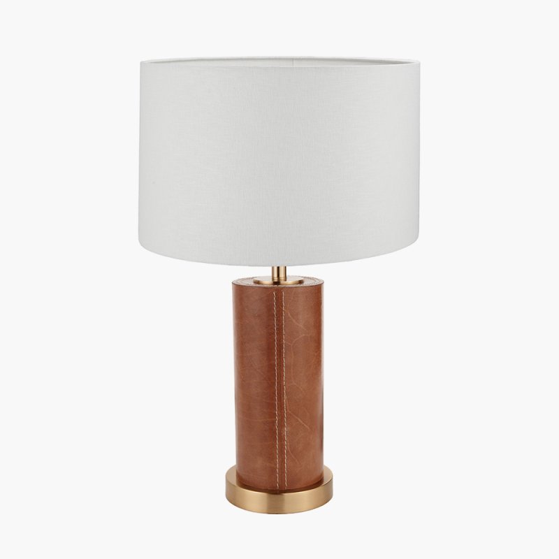 Tan Leather and Brass Cylindrical Table Lamp Tan Leather and Brass Cylindrical Table Lamp