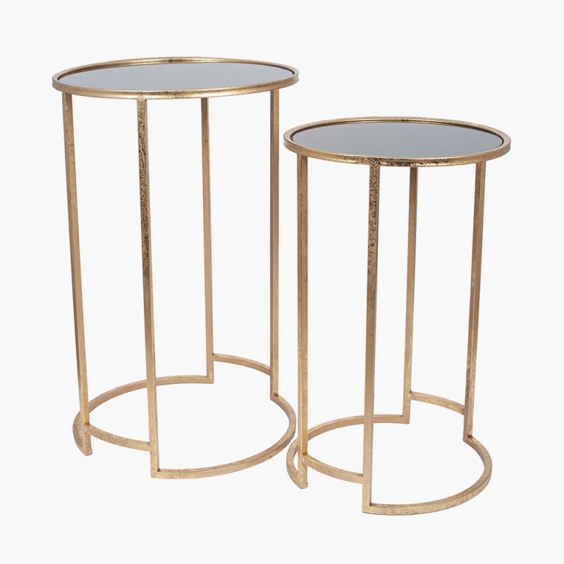 Antique Gold Metal and Black Glass Side Tables Antique Gold Metal and Black Glass Side Tables