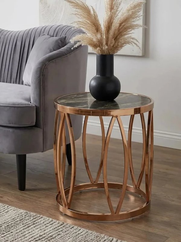 Tula Black Marble Effect & Rose Gold Finish Round Side Table Tula Black Marble Effect & Rose Gold Finish Round Side Table